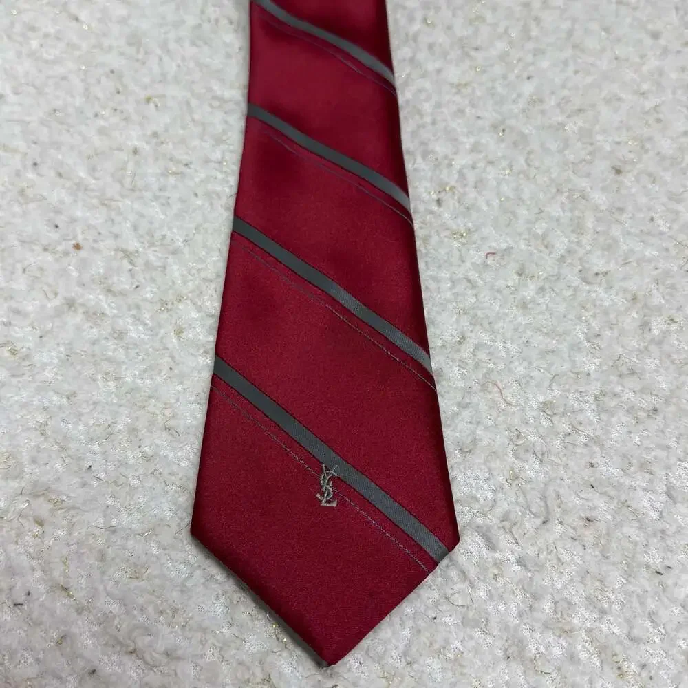 Yves Saint Laurent YSL Vintage Men's Burgundy & Grey Striped Silk Necktie Tie